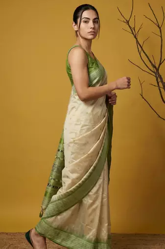handloom soft art silk saree with zari woven motifs contrast traditional border