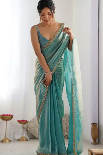 Sky blue color beautiful fancy partywear fendy satin saree
