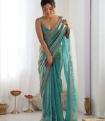 Sky blue color beautiful fancy partywear fendy satin saree