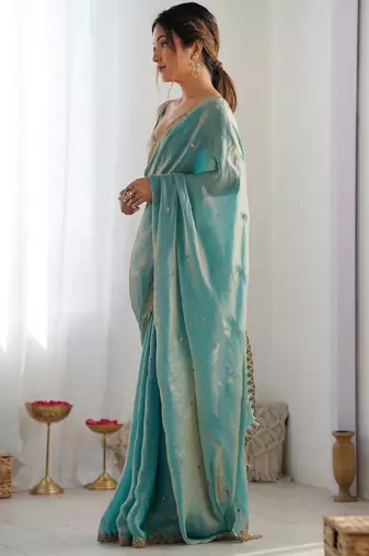 Sky blue fancy partywear satin saree