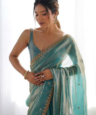 Sky blue fancy partywear satin saree 3