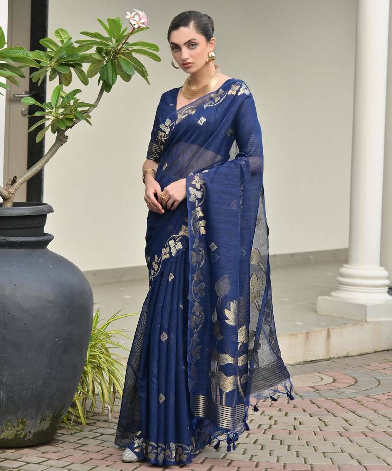 Blue color jute linen silk fabric beautiful graceful saree