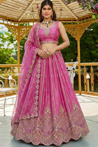 Awesome Pink Dori Work Satin Engagement Wear Lehenga Choli