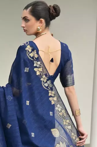 Blue jute linen silk blend graceful saree