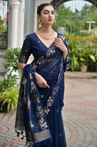 Blue jute linen silk blend graceful saree