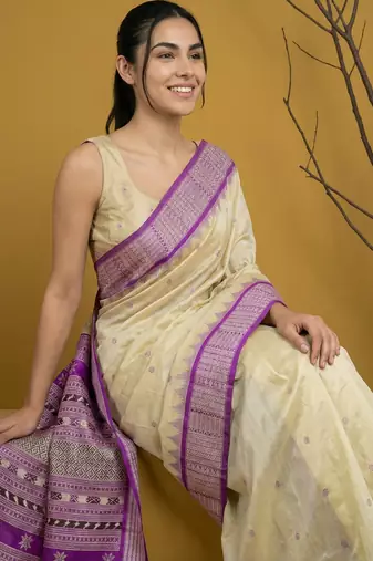 handloom soft art silk saree with zari woven motifs contrast traditional border