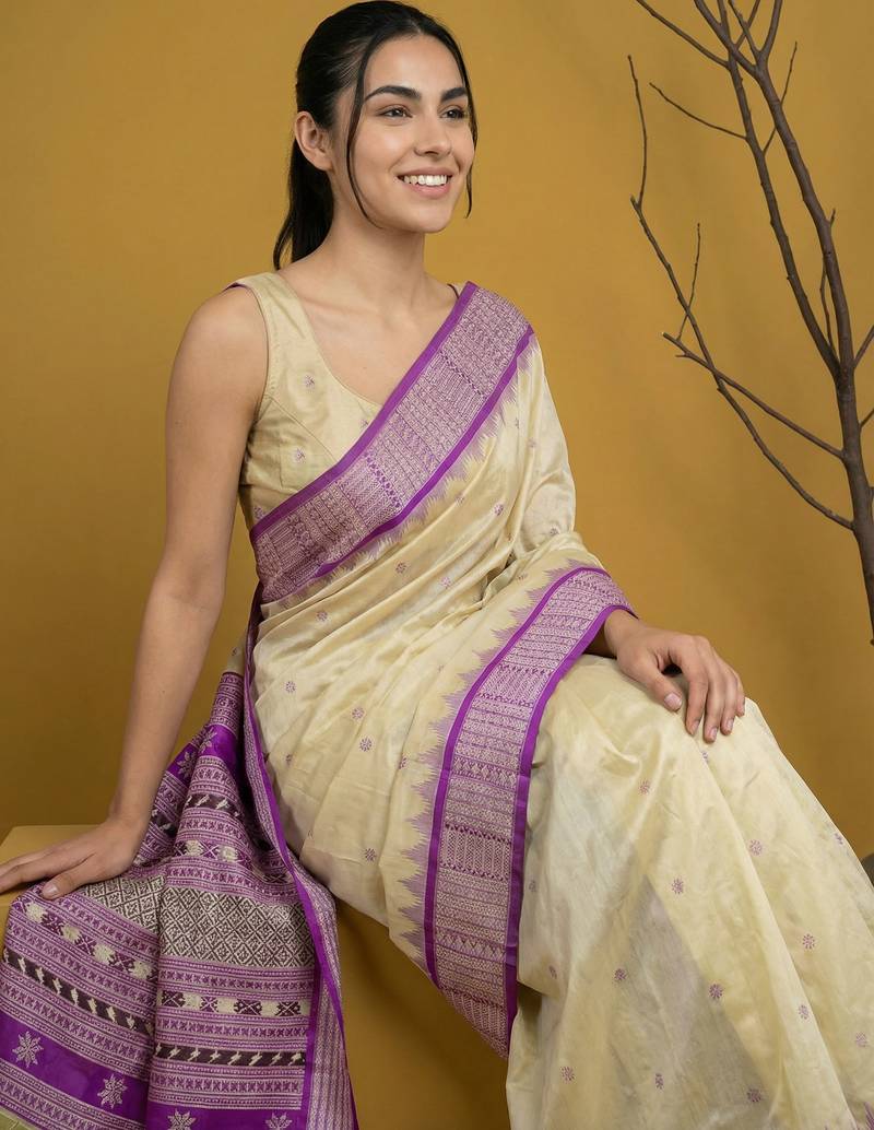 handloom soft art silk saree with zari woven motifs contrast traditional border