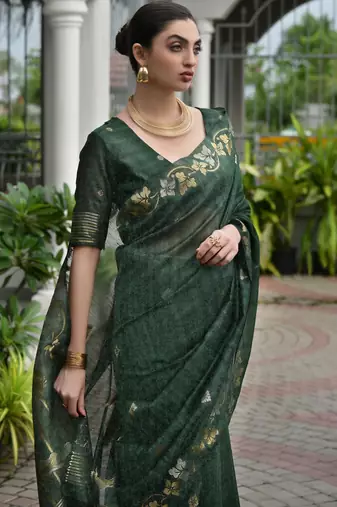 Green jute linen silk blend graceful saree