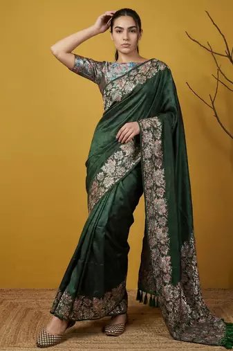 Soft silk floral printed saree with rainbow zari woven pallu and contrast blouse