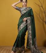 Soft silk floral printed saree with rainbow zari woven pallu and contrast blouse