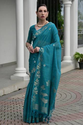 Firozi color jute linen silk fabric beautiful graceful saree