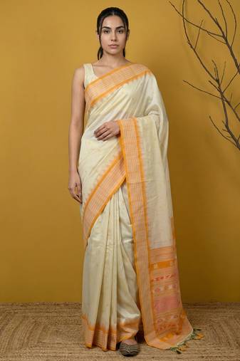 Handloom soft silk saree with zari woven motifs contrast traditional border