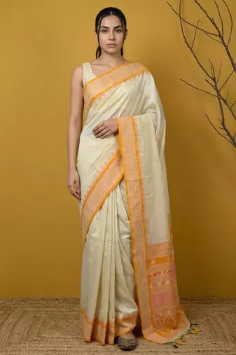 Handloom soft silk saree with zari woven motifs contrast traditional border