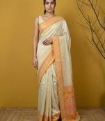 Handloom soft silk saree with zari woven motifs contrast traditional border