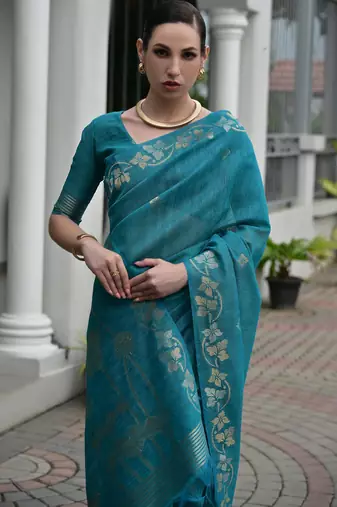 Firozi jute linen silk blend graceful saree