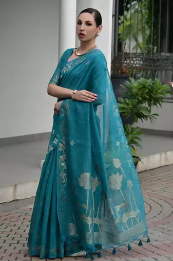 Firozi jute linen silk blend graceful saree