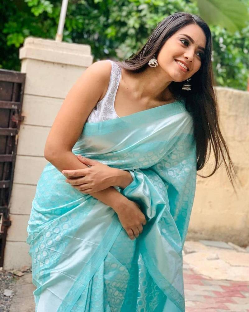 Aqua blue soft silk blend banarasi jacuard work designer saree with blouse