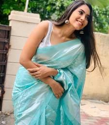Aqua blue silk blend banarasi jaquard designer saree with blouse