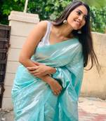 Aqua blue soft silk blend banarasi jacuard work designer saree with blouse