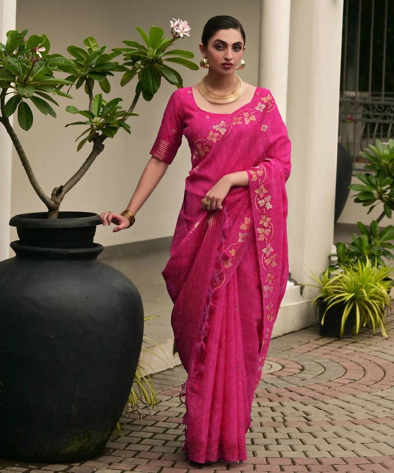 Pink color jute linen silk fabric beautiful graceful saree