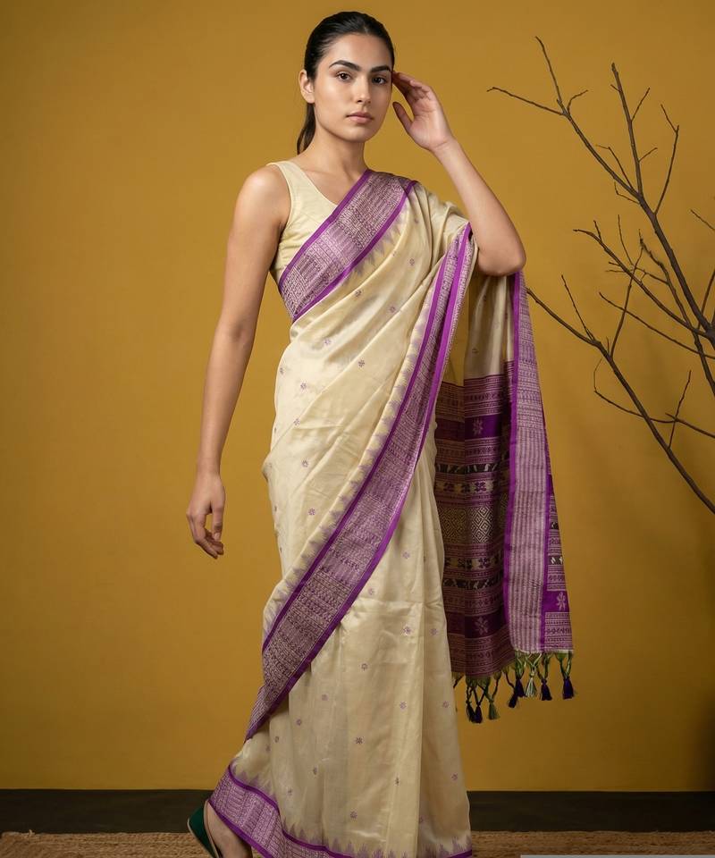handloom soft art silk saree with zari woven motifs contrast traditional border