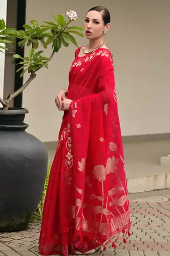 Red color jute linen silk fabric beautiful graceful saree