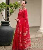 Red color jute linen silk fabric beautiful graceful saree
