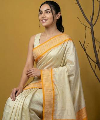 Handloom soft silk saree with zari woven motifs contrast traditional border 2