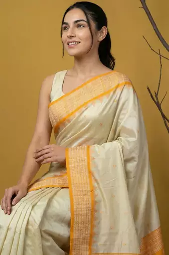 Handloom soft silk saree with zari woven motifs contrast traditional border