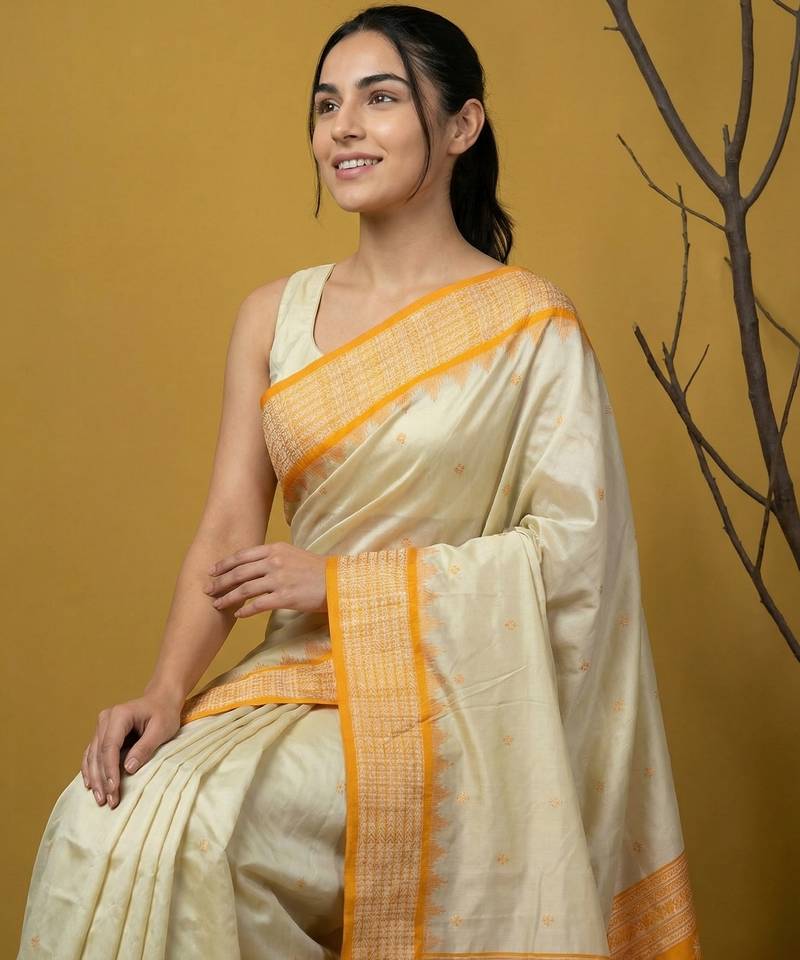 Handloom soft silk saree with zari woven motifs contrast traditional border