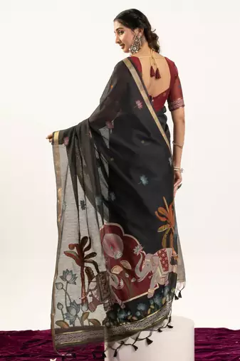 Black muga cotton rajwadi weaving ethnic classic saree