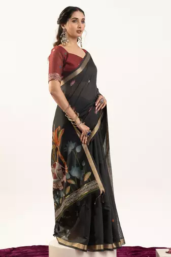 Black muga cotton rajwadi weaving ethnic classic saree
