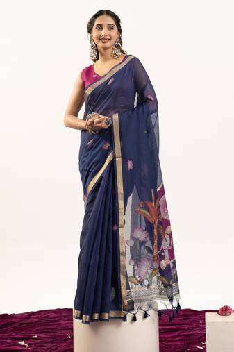 Blue color muga cotton fabric rajwadi weaving designer ethnic classic saree