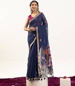 Blue color muga cotton fabric rajwadi weaving designer ethnic classic saree