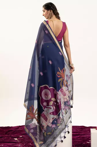 Blue muga cotton rajwadi weaving ethnic classic saree