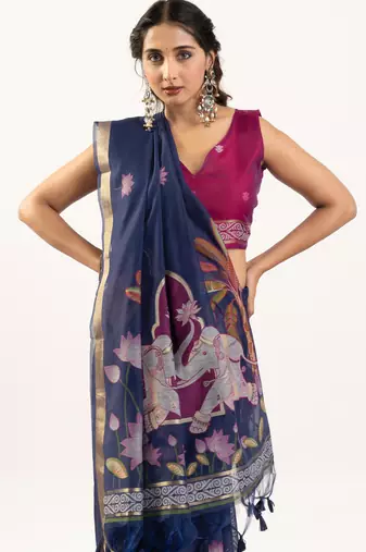Blue muga cotton rajwadi weaving ethnic classic saree