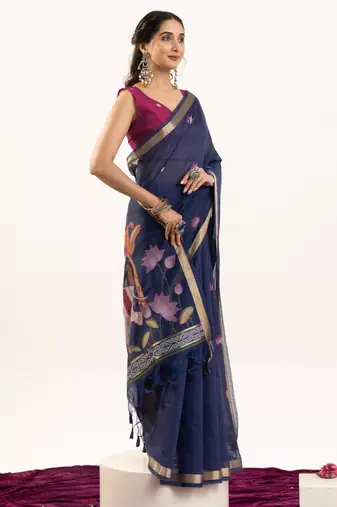 Blue muga cotton rajwadi weaving ethnic classic saree