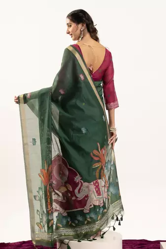 Green muga cotton rajwadi weaving ethnic classic saree