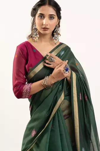 Green muga cotton rajwadi weaving ethnic classic saree