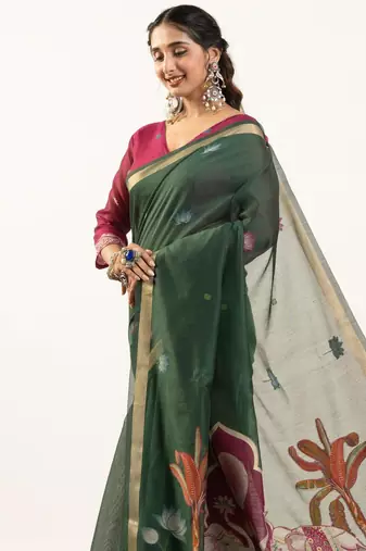 Green muga cotton rajwadi weaving ethnic classic saree