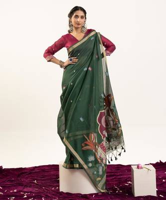 Green muga cotton rajwadi weaving ethnic classic saree 5