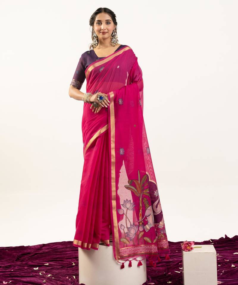 Pink color muga cotton fabric rajwadi weaving designer ethnic classic saree