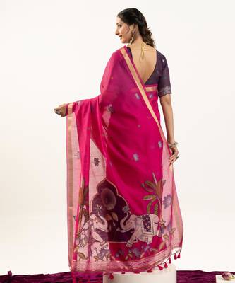 Pink muga cotton rajwadi weaving ethnic classic saree 2