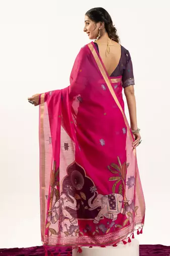 Pink muga cotton rajwadi weaving ethnic classic saree