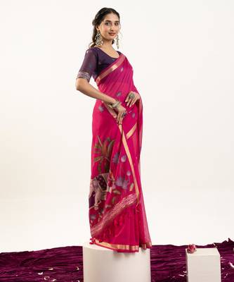 Pink muga cotton rajwadi weaving ethnic classic saree 4