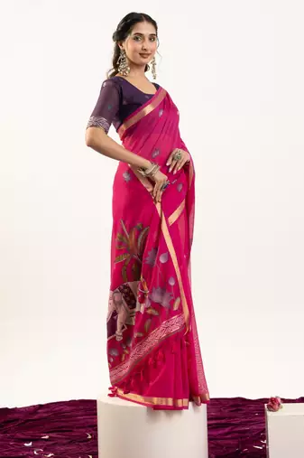 Pink muga cotton rajwadi weaving ethnic classic saree