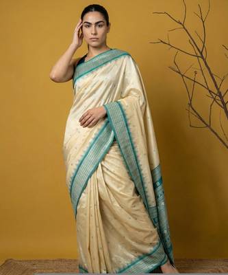 handloom soft art silk saree with zari woven motifs contrast traditional border 1