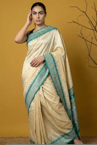 handloom soft art silk saree with zari woven motifs contrast traditional border
