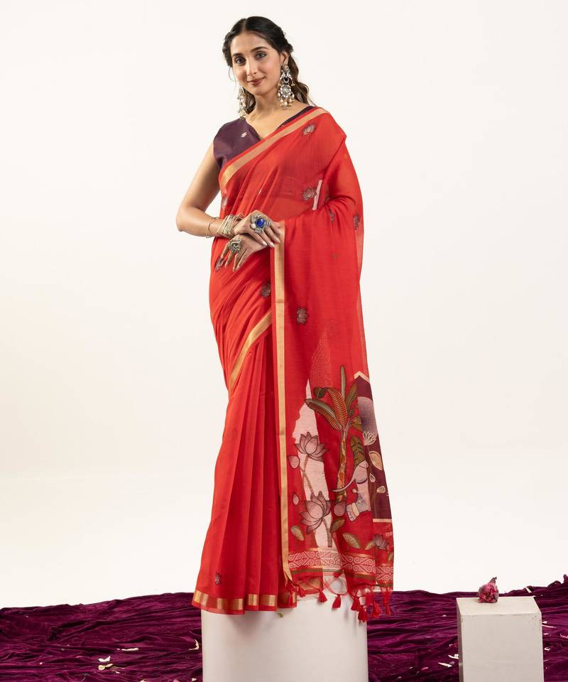 Red color muga cotton fabric rajwadi weaving designer ethnic classic saree