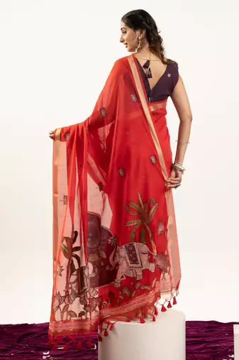 Red muga cotton rajwadi weaving ethnic classic saree